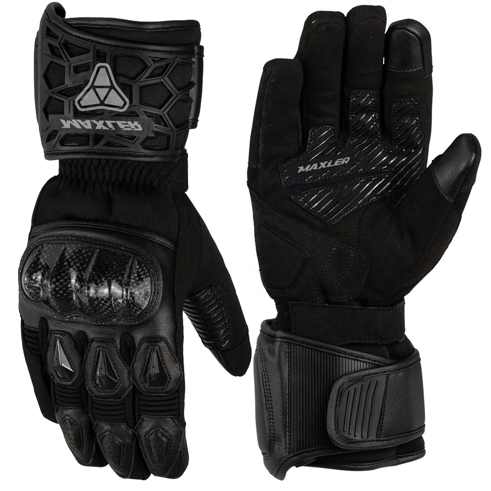 wholesale cowhide leather motorcycle gloves with perforated leather and carbon knuckle protection long gauntlet riding gloves