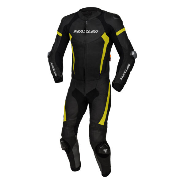 NOVARA one piece motorcycle racing suit black cowhide leather race suit with yellow panels aerodynamic race hump CE armor sliders Maxler Motosport