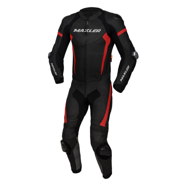 VALTOR motorcycle track racing suit black cowhide leather racing suit with red panels aerodynamic race hump Maxler Motosport
